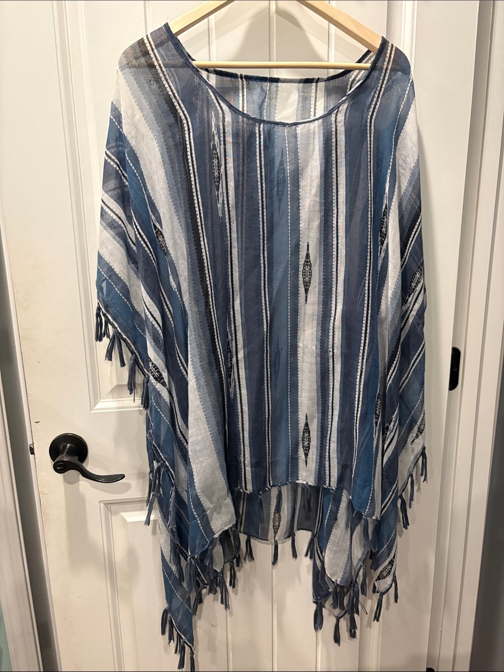 Blue and White Striped Fringe Poncho - Casual Layering Cover-Up